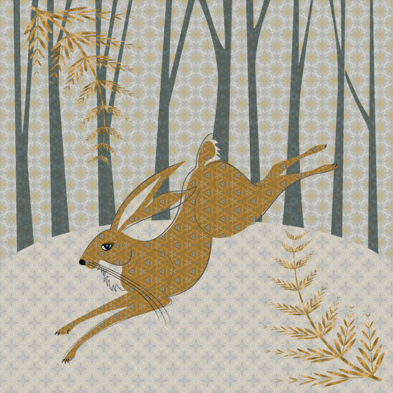 Golden Hare in Woods. Leaping Hare in autumn woodland. Picture of a whimsical hare leaping through a forest, inspired by country living on the Fylde Coast, and throughout Lancashire. Original artwork ,with a naive folk art theme, blending hand drawn and digital imagery. Square prints available on Etsy.