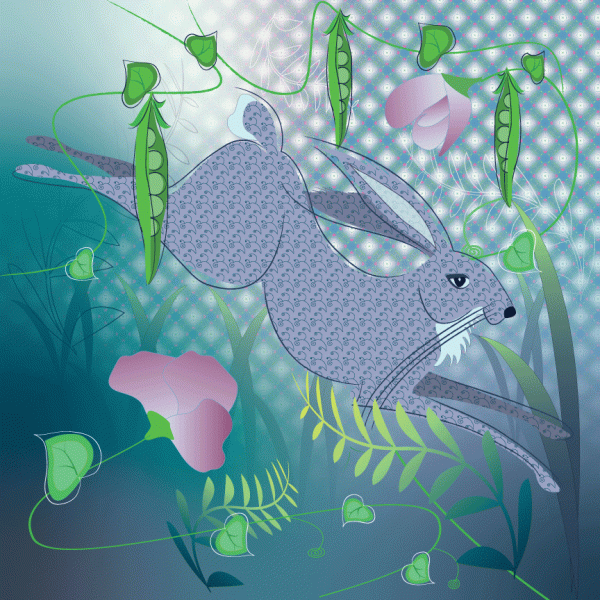 Leaping Hare in Pea Patch. Pretty and modern countryside artwork. Inspired by the Fylde Coast and Lancashire. This artwork blends soft colours and delicate patterns.