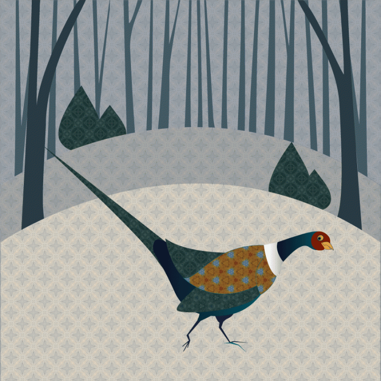 Picture of a pheasant in woodland, inspired by the Trough of Bowland and Fylde Coast, Lancashire. Original artwork blending hand drawn and digital imagery. Square prints available on Etsy.