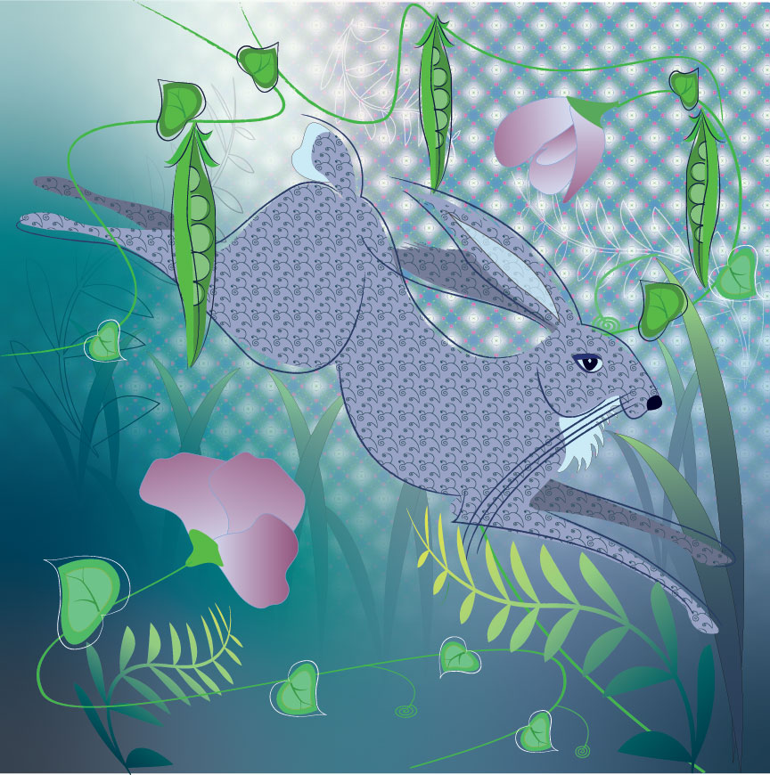 Countryside Art print of a leaping hare in a pea patch inspired by the countryside around Lancashire and the Fylde Coast