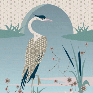 Pretty patterned artwork of a heron on the side of the Garstang canal. The artwork blends soft colours and delicate patterns.