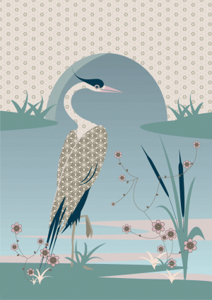 Pretty patterned artwork of a heron on the side of the Garstang canal. The artwork blends soft colours and delicate patterns.