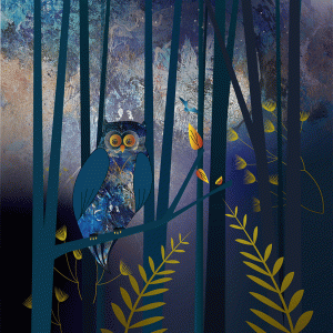 Countryside art print of an owl in a tree in moonlight. Inspired by the Fylde Coast and Lancashire countryside. This artwork blends textures and cute art drawing.
