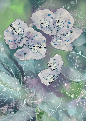 A4 artwork of light pink flowers on a soft green background.