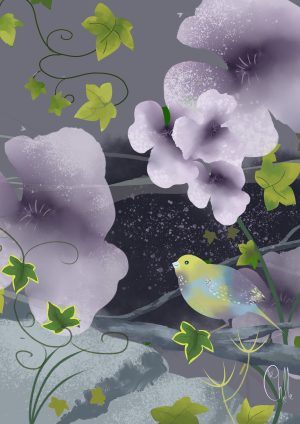 A4 art print of a garden bird, sweet pea flowers and ivy.