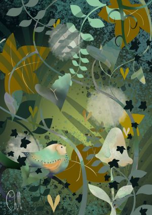 Original digital artwork of a fmagical orest with a colourful bird.