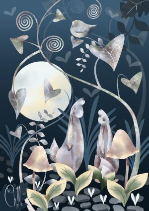 Moonllight hares, whimsical digital illustration of two hares in a garden.