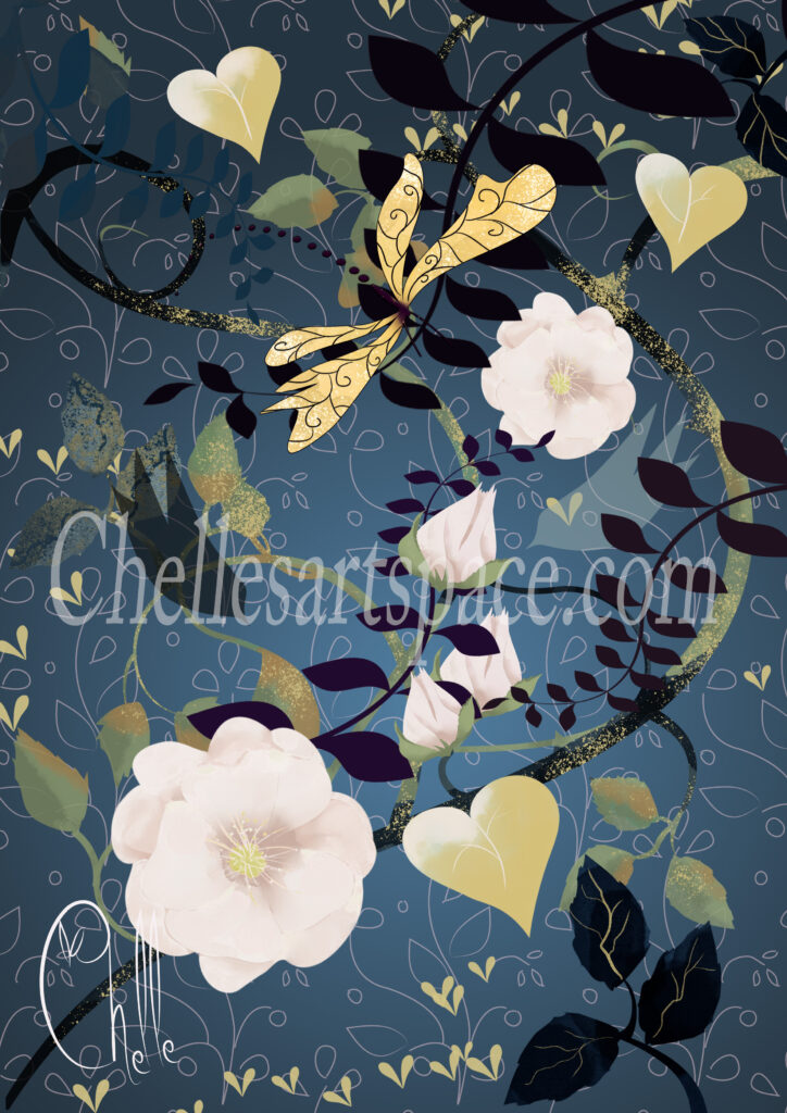 Pretty Original artwork of a dragonfly in a rose garden.